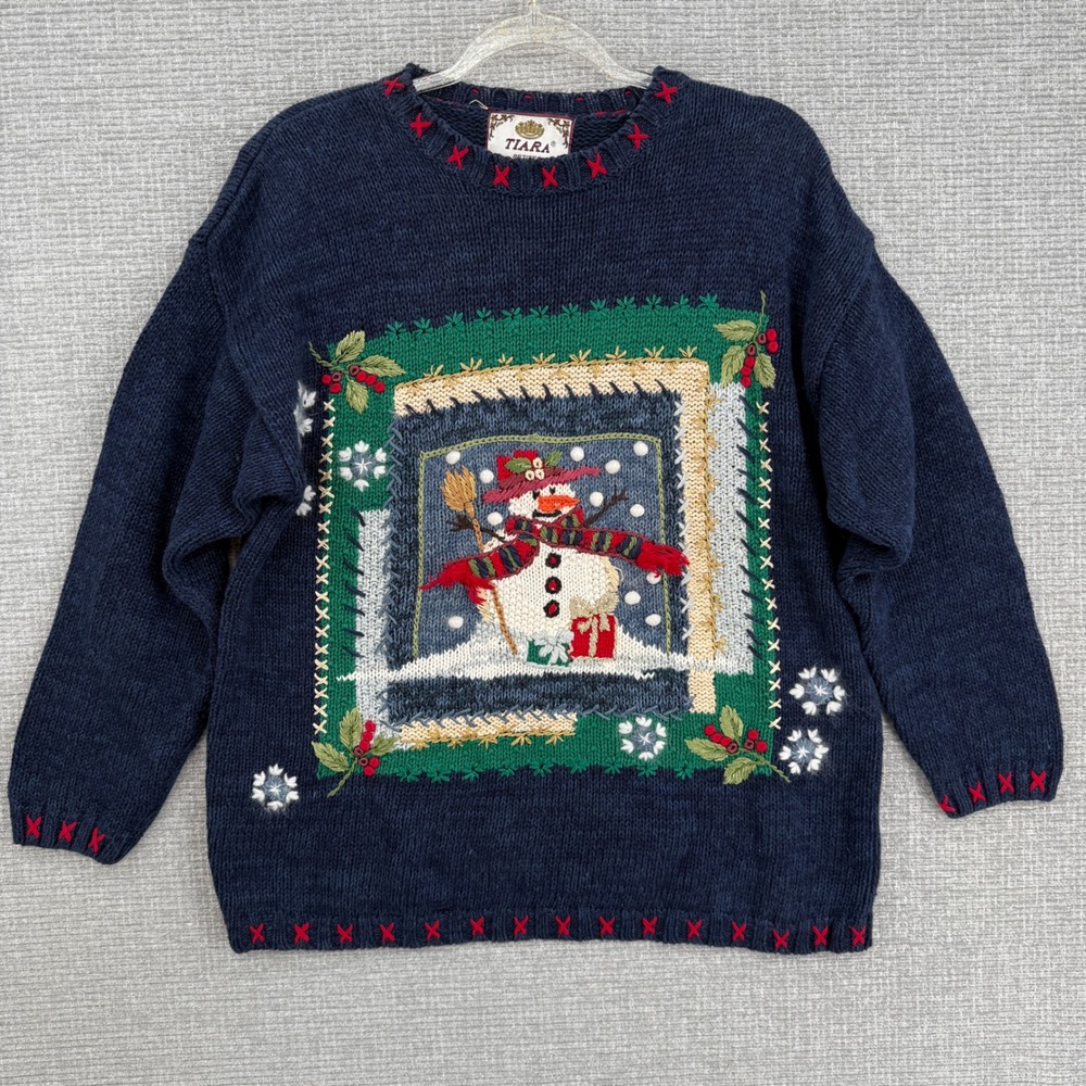 Tiara Petites Christmas‎ Snowman Sweater Blue Red Vintage Holiday PL Cottage